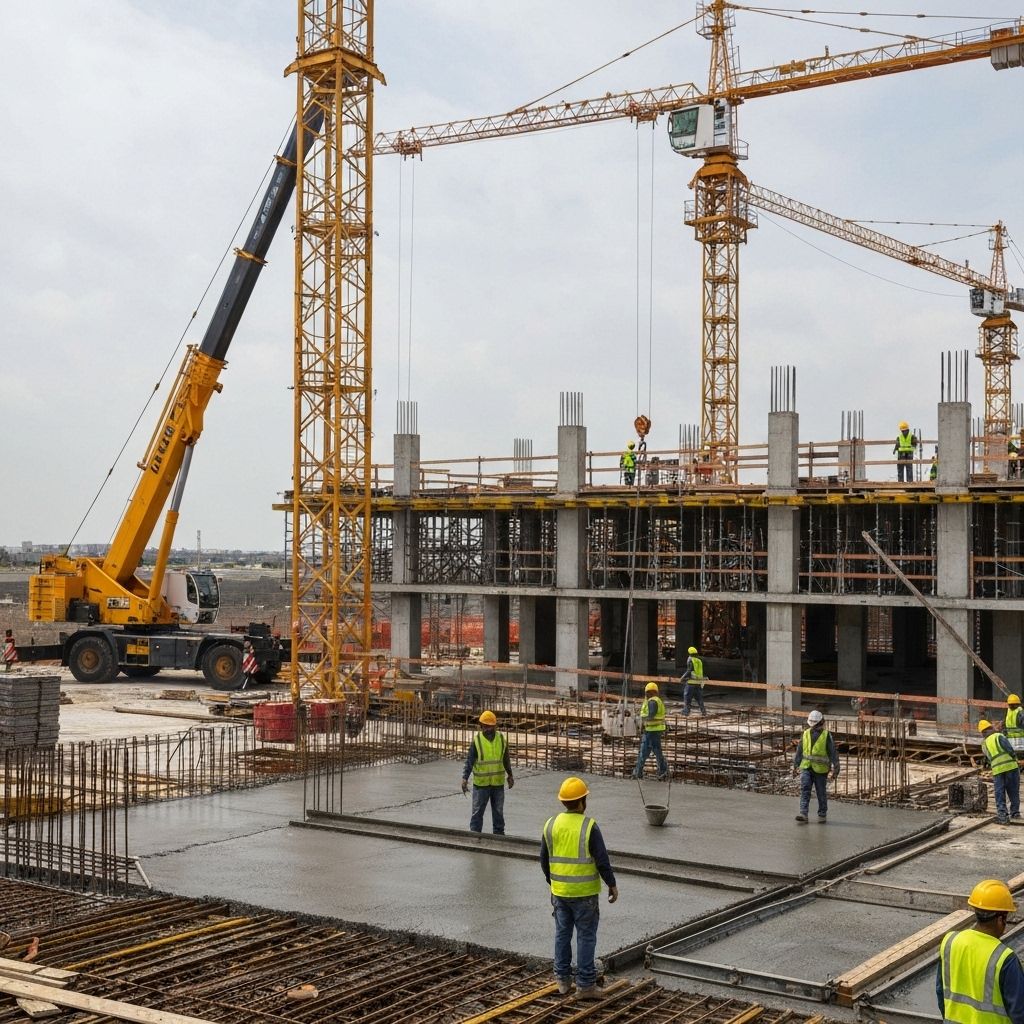 Construction workers wearing safety helmets and high-visibility vests on site